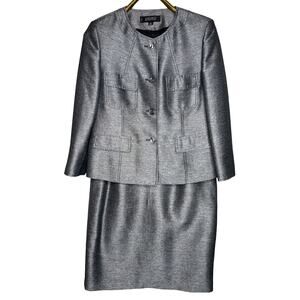 Kasper Size 12 P Silver Skirt Suit Full Button Front Pocket Jacket Wedding